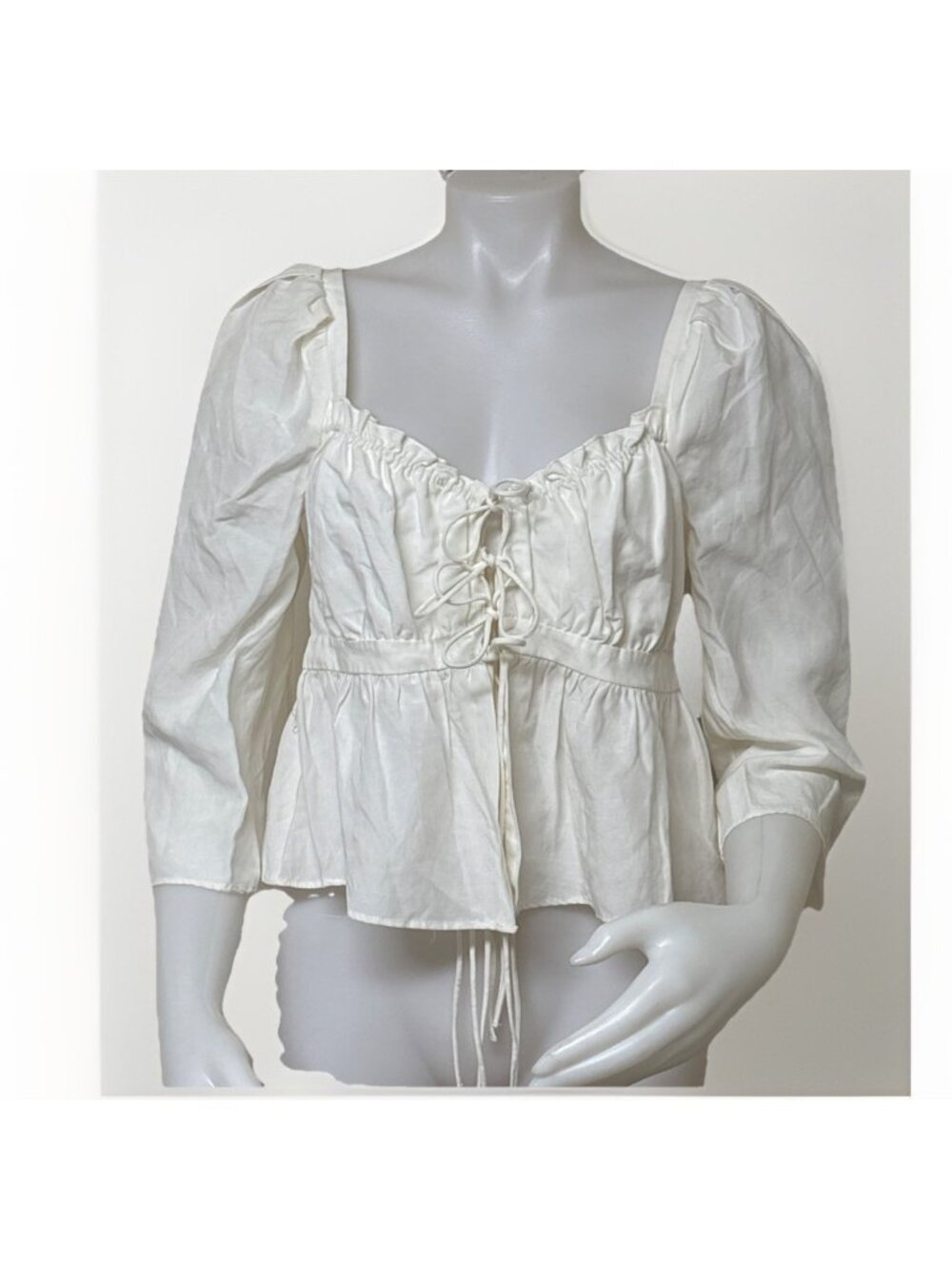 Brock Collection x HM Linen Blend Blouse Womens S Ivory Tie Front 3/4 Sleeve Top